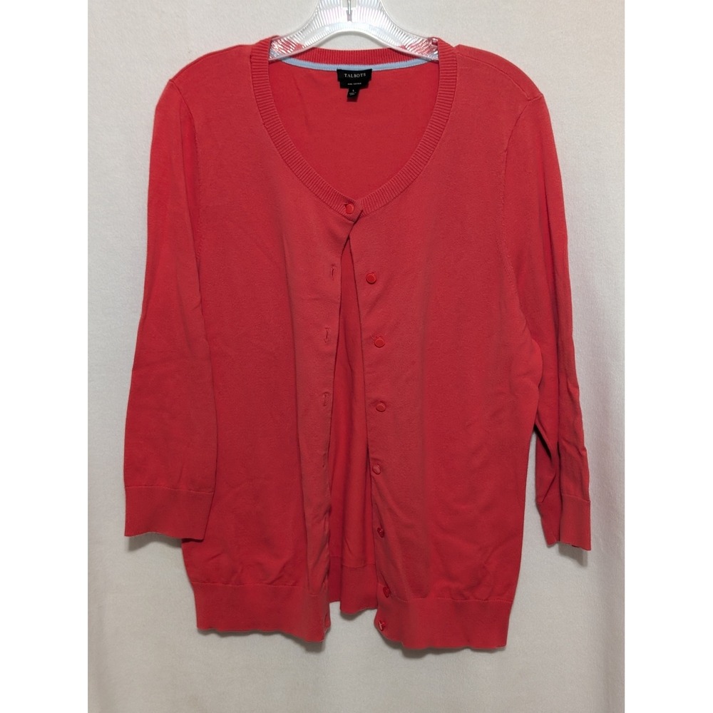 Talbots Pima Cotton Cardigan Sweater Coral Pink 3/4 Sleeve Button Front Large